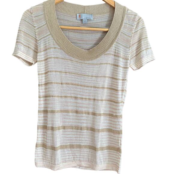 MISSONI | Knit Short Sleeve Sweater | Gold neutral Stripe Sweater | Size Medium - Picture 1 of 6